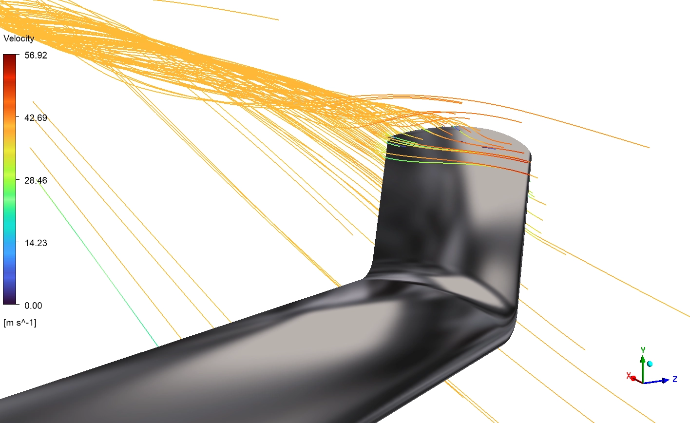 Velocity streamlines CFD contour showing attached flow up to 57 m/s