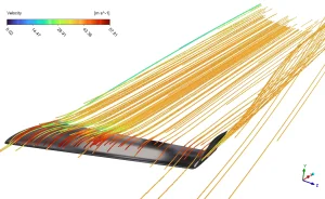 Velocity streamlines CFD contour showing attached flow up to 57 m/s