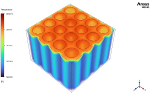 Spatial temperature contour displaying a peak of 304.74 K safely isolated at the cell tops.