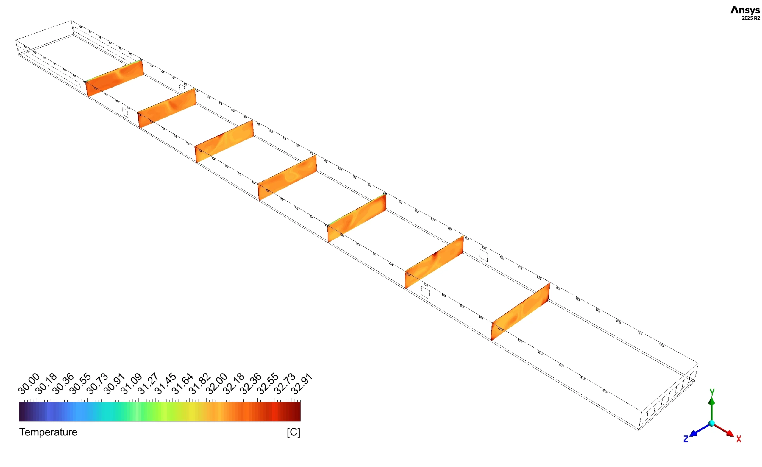 Temperature pathlines showing 36.85 C maximum exhaust temperature
