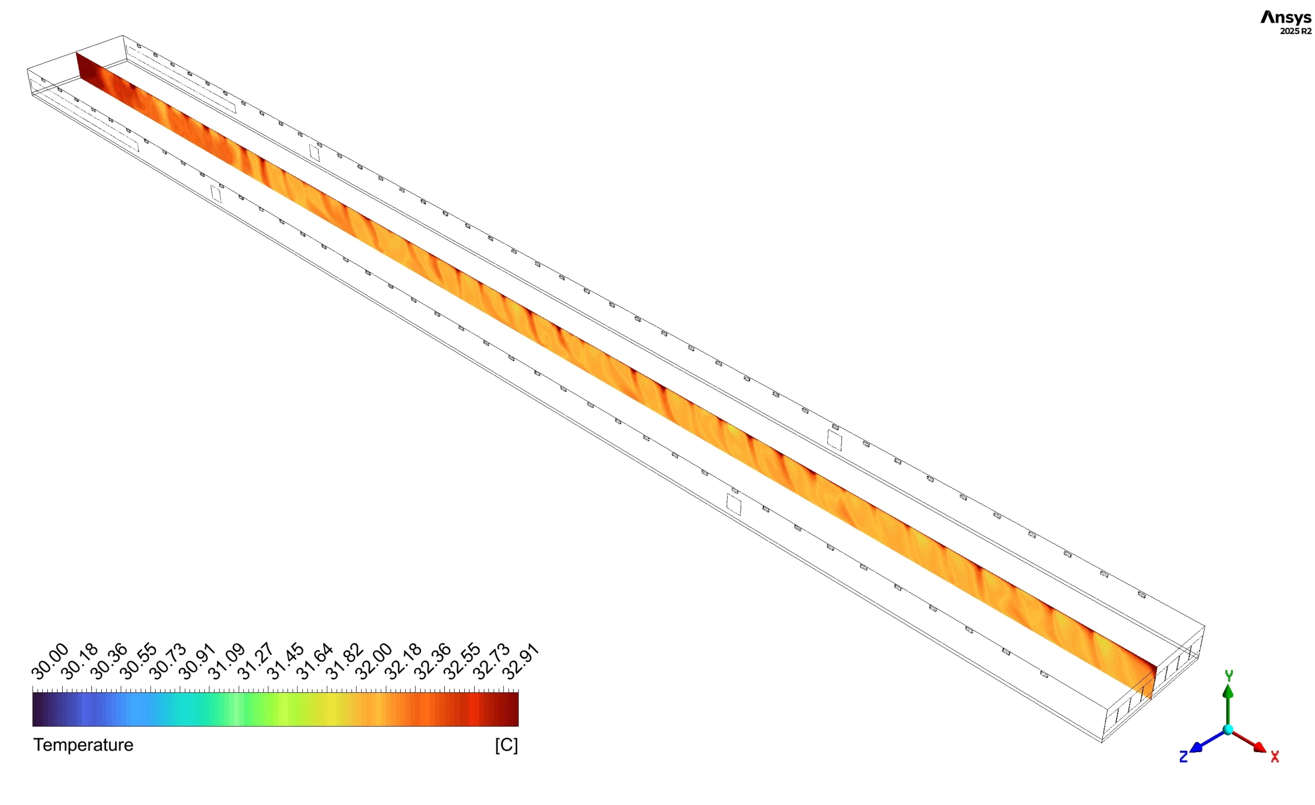 Cross-sectional temperature contour showing uniform 3 C thermal gradient