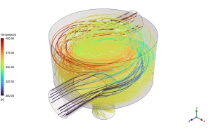 The 3D Temperature streamlines showing hot and cold flows twisting together from 300 to 400 [K].