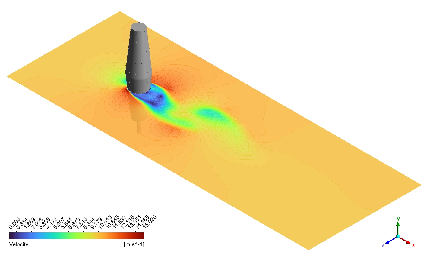 The wind velocity contour showing the swirling vortex shedding pattern behind the bladeless mast.