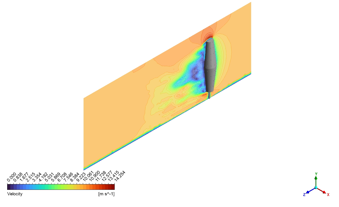The wind velocity contour showing the swirling vortex shedding pattern behind the bladeless mast.