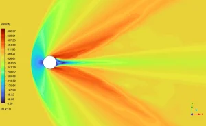 The Velocity magnitude contour proving the upstream air decelerates from 682.57 [m s^-1] to exactly 0.00 [m s^-1].