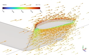 Velocity vector field at winglet junction hitting 58.41 m/s max speed