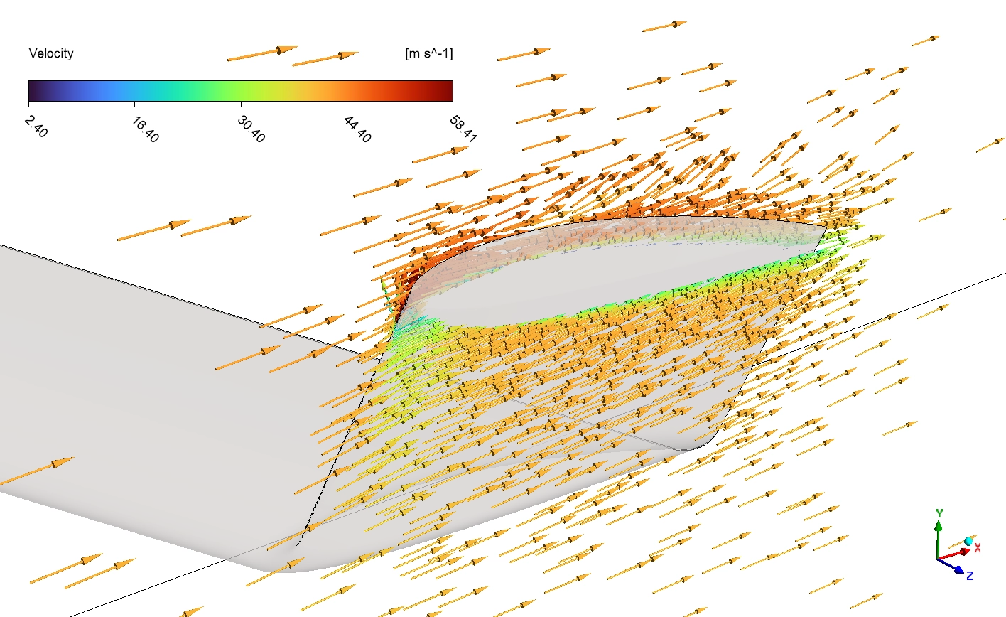 Velocity vector field at winglet junction hitting 58.41 m/s max speed