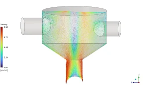 The 3D Velocity vectors showing the fluid accelerating through the bottom cone to a maximum of 8.96 [m s^-1].