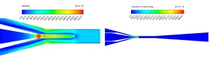 Figure 1: Turbulent flow in ANSYS Fluent. Velocity and turbulence kinetic energy contours help show where eddies and strong mixing appear in the domain.