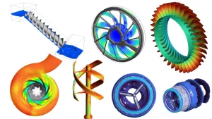 Engineers use moving reference frame (MRF) and sliding mesh methods to accurately simulate the rotating and stationary domains inside a turbomachine.