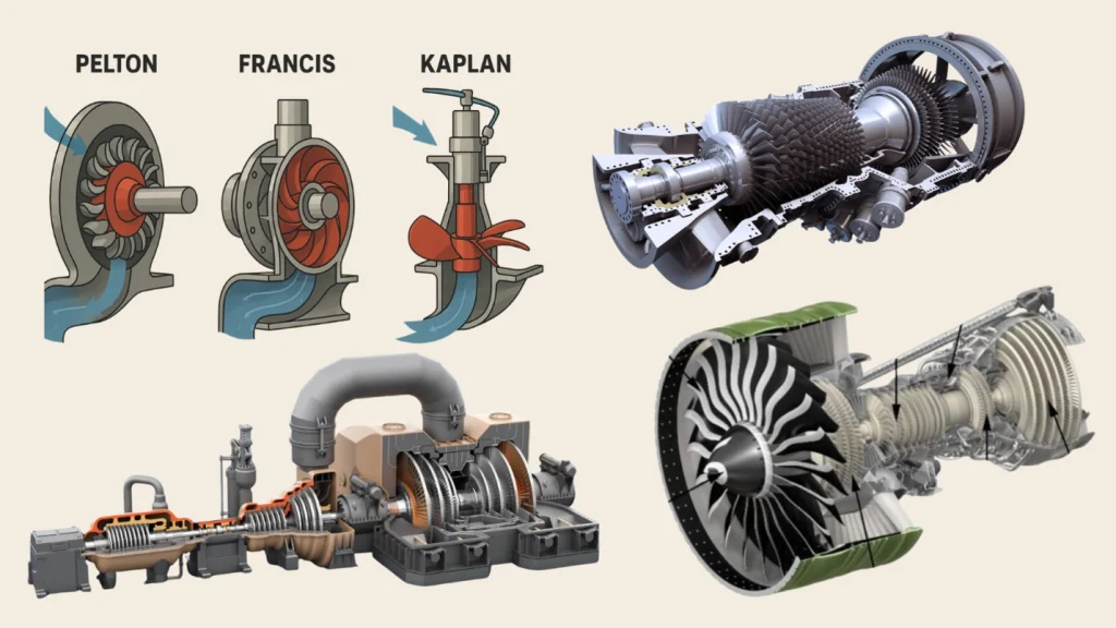Schematic of axial flow compressor, Pelton, Francis, Kaplan hydraulic wheels, gas turbine and a steam turbine
