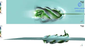 image of Surface-Piercing Propeller CFD Simulation Tutorial Swirling helical wake structures colored by a high fluid velocity of 10.0 m/s