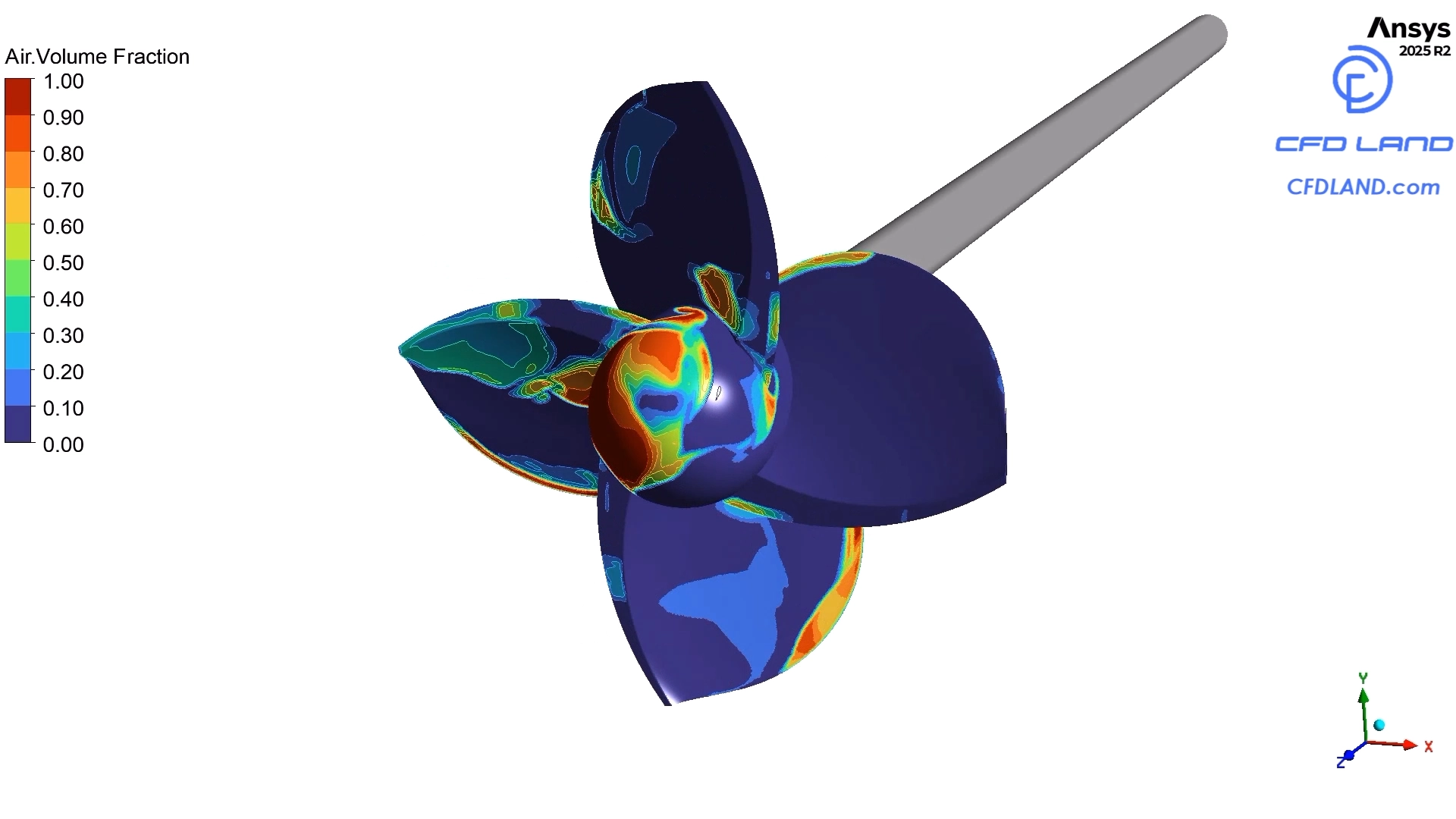 image of Surface-Piercing Propeller CFD Simulation Tutorial : Air volume fraction contour showing a high value of 1.0 near the propeller hub
