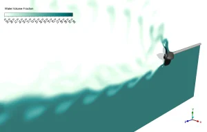 image of Surface-Piercing Propeller CFD Simulation Tutorial Water volume fraction contour showing a large splash and a dry gap behind the propeller